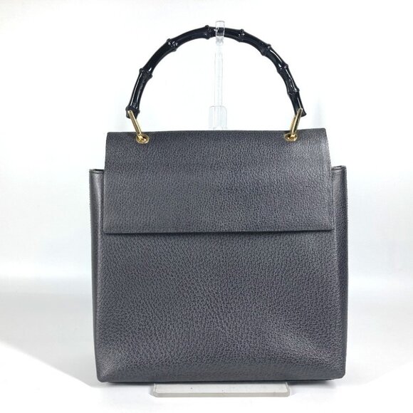 GUCCI 001・1118 vintage Bamboo Tote Bag Flap Hand Bag Leather gray - Picture 1 of 14
